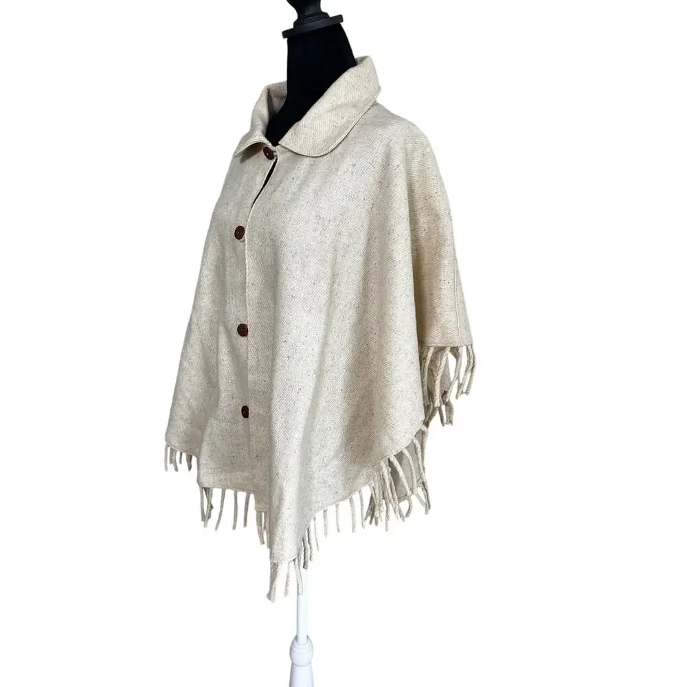 Artilana Wool Cape Poncho Cream Fringe Ruana Wrap Jacket Boho One Size